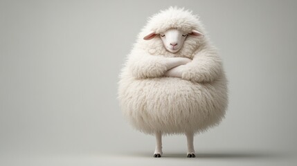 A fat, fluffy, cute sheep stands with her arms folded on her chest and a cheeky face.
