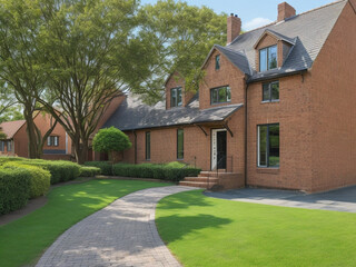 Obraz premium Brown Brick House with walk way, grass and blue sky