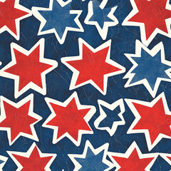Fototapeta premium Abstract red and blue star patterns with white accents and clean design.