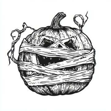 recommend clip art: Jack o lantern with zombie holding it. Sketch engraving on the scratch board. This is a black and white hand drawn illustration.