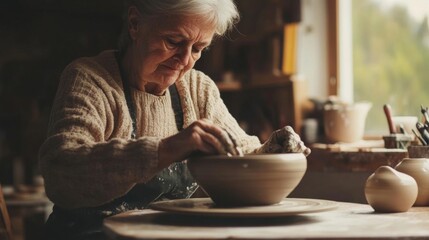 Elderly Potter Crafting Handmade Bowl