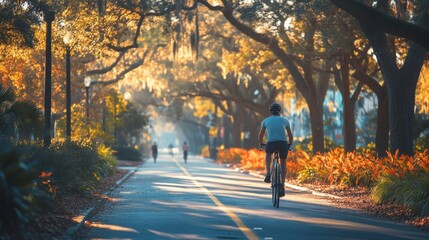 Cyclist Riding Through a Park on a Sunny Day