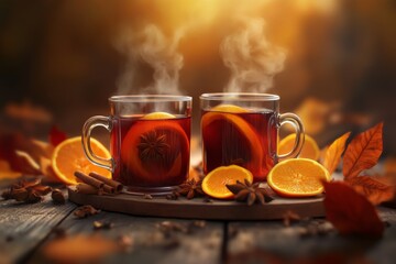 two cups of steaming autumn mulled wine on a rustic wooden table, surrounded by vibrant orange slices and aromatic spices, with a blurred background of fallen autumn leaves