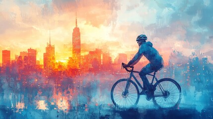 Cyclist at Sunset Cityscape Watercolor Painting