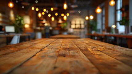 A beautifully lit, rustic wooden table setting in a cozy, modern workspace with warm lighting, showcasing the perfect blend of contemporary and classic design elements