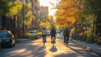 Three Cyclists Riding Through City Street at Sunset