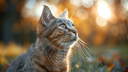 A close-up of a tabby cat sitting outdoors, bathed in warm sunlight with a soft bokeh background, giving a peaceful and reflective feel. Ideal for pet photography, nature themes, and cat-lover project