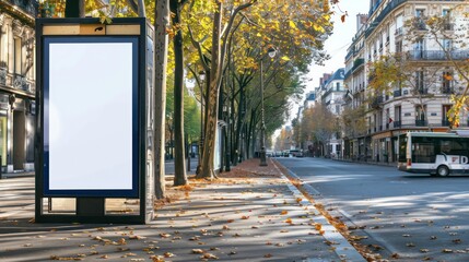 Blank billboard on a city street with fallen leaves on the sidewalk and a bus passing by.