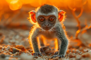 Fototapeta premium baby monkey curiously exploring the ground, illuminated by the warm glow of a sunset, highlighting its soft fur and expressive eyes. Ideal for wildlife photography, nature conservation