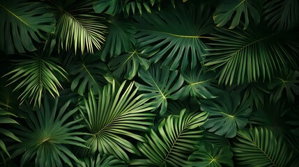 Obraz premium A background of dark green palm leaves with vibrant colors, creating an exotic and lush atmosphere