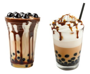 Milk bubble tea with black tapioca pearls, boba, trendy drink. Two isolated glasses