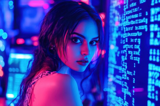 One pretty young woman is standing in front of a artificial intelligence computer screen with a blue background ai assistant