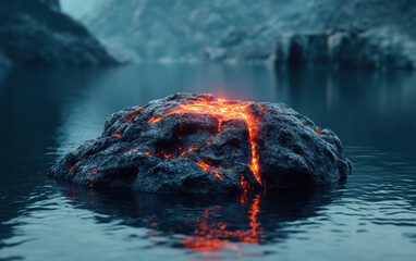 Molten lava rock glowing with intense heat and vibrant orange cracks, floating in a tranquil body of water surrounded by misty mountains.