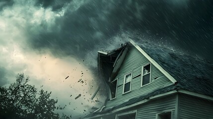 Roof of House Being Ripped Off by Hurricane-Force Winds and Dark Storm Clouds