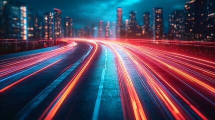 Red and Blue Light Trails on a City Road at Night