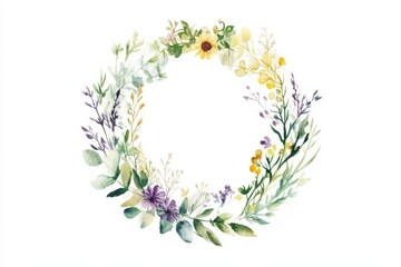whimsical watercolor design featuring a circular wreath of wildflowers and leaves, surrounded by a soft green border, on a clean white canvas