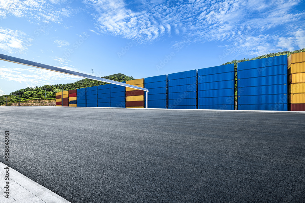 Aufkleber empty road and stacked containers at port