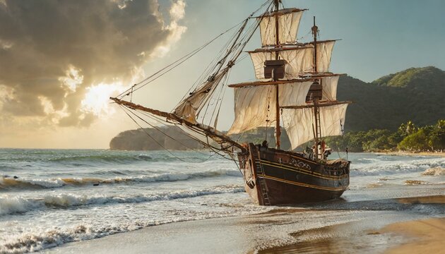 Barco pirata olvidado en la orilla de la playa