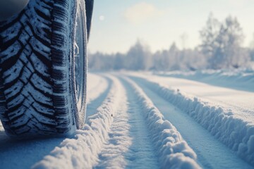 winter road stretching out before a car, the tire's tread marks the only disturbance in the pristine snow