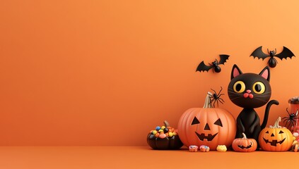 A festive Halloween scene featuring a black cat, pumpkins, and bats against a vibrant orange background.
