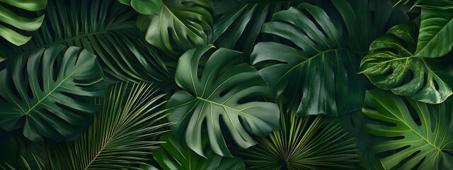 A background of dark green palm leaves with vibrant colors, creating an exotic and lush atmosphere