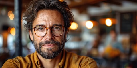 Obraz premium A thoughtful man with glasses and a beard wearing a mustard-colored shirt, set against a softly lit background of a cozy cafe with warm ambient lighting