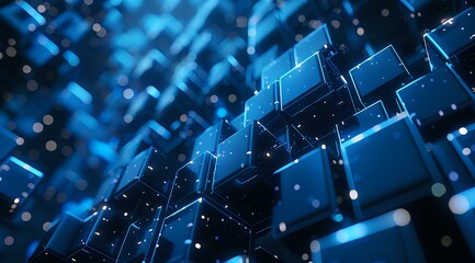 Obraz premium A futuristic abstract digital background featuring glowing blue cubes and data particles. Perfect for concepts of technology, innovation, big data, and artificial intelligence.