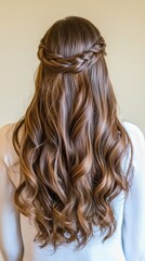 Naklejka premium Thick, wavy dark brown hair cascades gracefully around shoulders, set against a stylish home backdrop, capturing a romantic and modern vibe