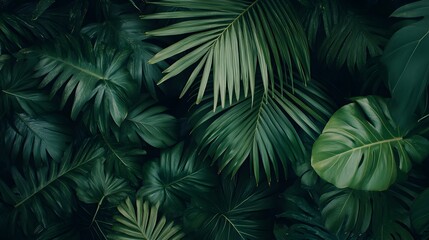 A background of dark green palm leaves with vibrant colors, creating an exotic and lush atmosphere