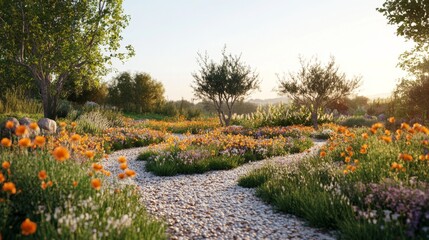 Obraz premium Stone Path Through a Field of Flowers at Sunset