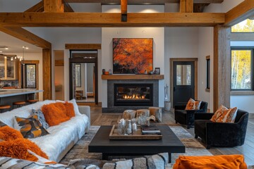 wooden beams and black door frames frame a cozy open concept living room, complete with a crackling fireplace and a kaleidoscope of autumn colors