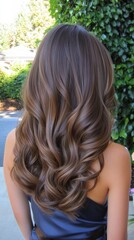 Thick, wavy dark brown hair cascades gracefully around shoulders, set against a stylish home backdrop, capturing a romantic and modern vibe