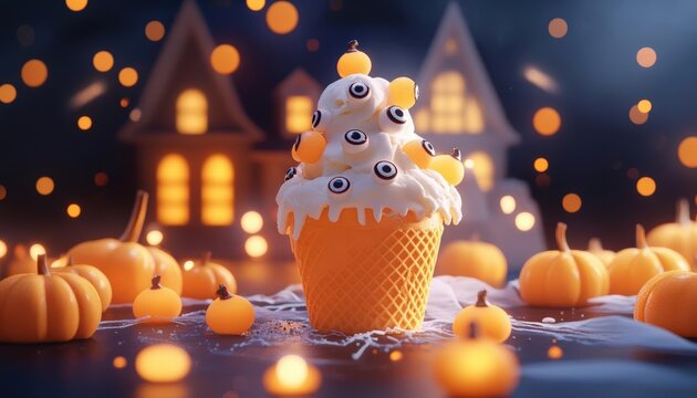 Pumpkin ice cream topped with candy eyeballs, haunted mansion, 3D illustration