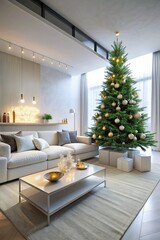 Modern white living room with christmas tree