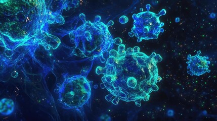 Microscopic view of colorful viruses, showcasing intricate details and structures in a vibrant, scientific representation.