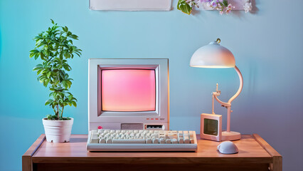 retro computer with keyboard and mouse, table lamp, flowerpot on table, 90s, vintage, nostalgia, cozy teenager room, blue wall, colorful, bright, childhood, empty display, mockup, copy space