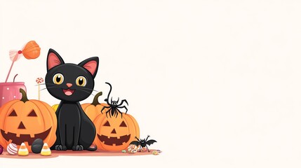 A cute black cat surrounded by Halloween pumpkins and candy, perfect for festive celebrations and holiday decorations.