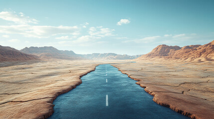 A surreal image of a road seamlessly transforming into a river in a vast desert landscape under a clear blue sky, merging nature and human infrastructure.