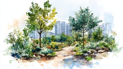 Watercolor Painting of a City Park Path with Trees and Buildings