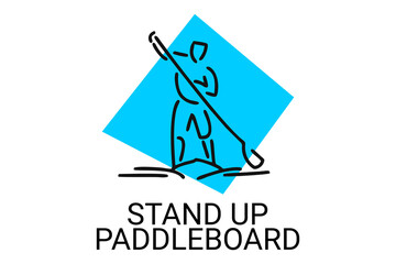 stand up paddle board sport vector line icon. an athlete rowing a paddle board. sport pictogram, vector illustration.