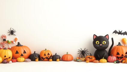 Colorful Halloween decorations featuring pumpkins, a black cat, and spooky elements for a festive autumn theme.