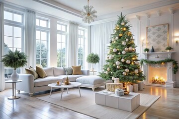 Obraz premium Modern white living room with christmas tree