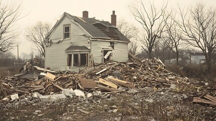 Aftermath of Powerful Storm Leaves Destroyed House and Debris Strewn Across Landscape