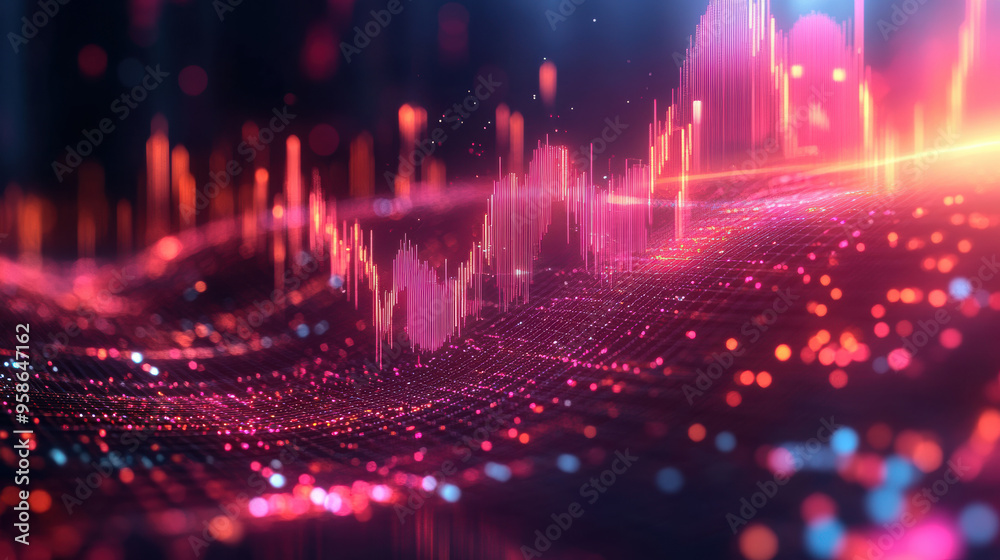 Poster abstract digital data visualization with vibrant neon colors, showing a dynamic futuristic wave patt