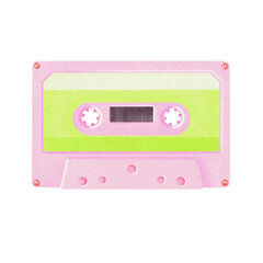 Cassette from portable 80's, 90's style retro player in pink color. Watercolor illustration isolated on white in realistic style for websites, posters for theme party