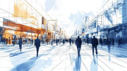 Obraz premium Abstract Watercolor Cityscape with People Walking