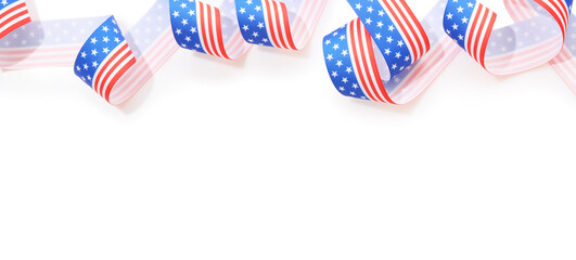 Fototapeta premium Ribbon in colors of American flag isolated on white, top view