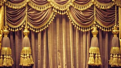 Fototapeta premium Elegant Brown Velvet Curtains with Gold Tassels and Trim
