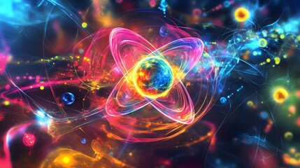 Obraz premium 73. Digital illustration of a vibrant atom surrounded by swirling, radiant nutrient molecules