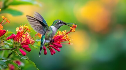 Naklejka premium Hummingbird in Flight Feeding on Flowers